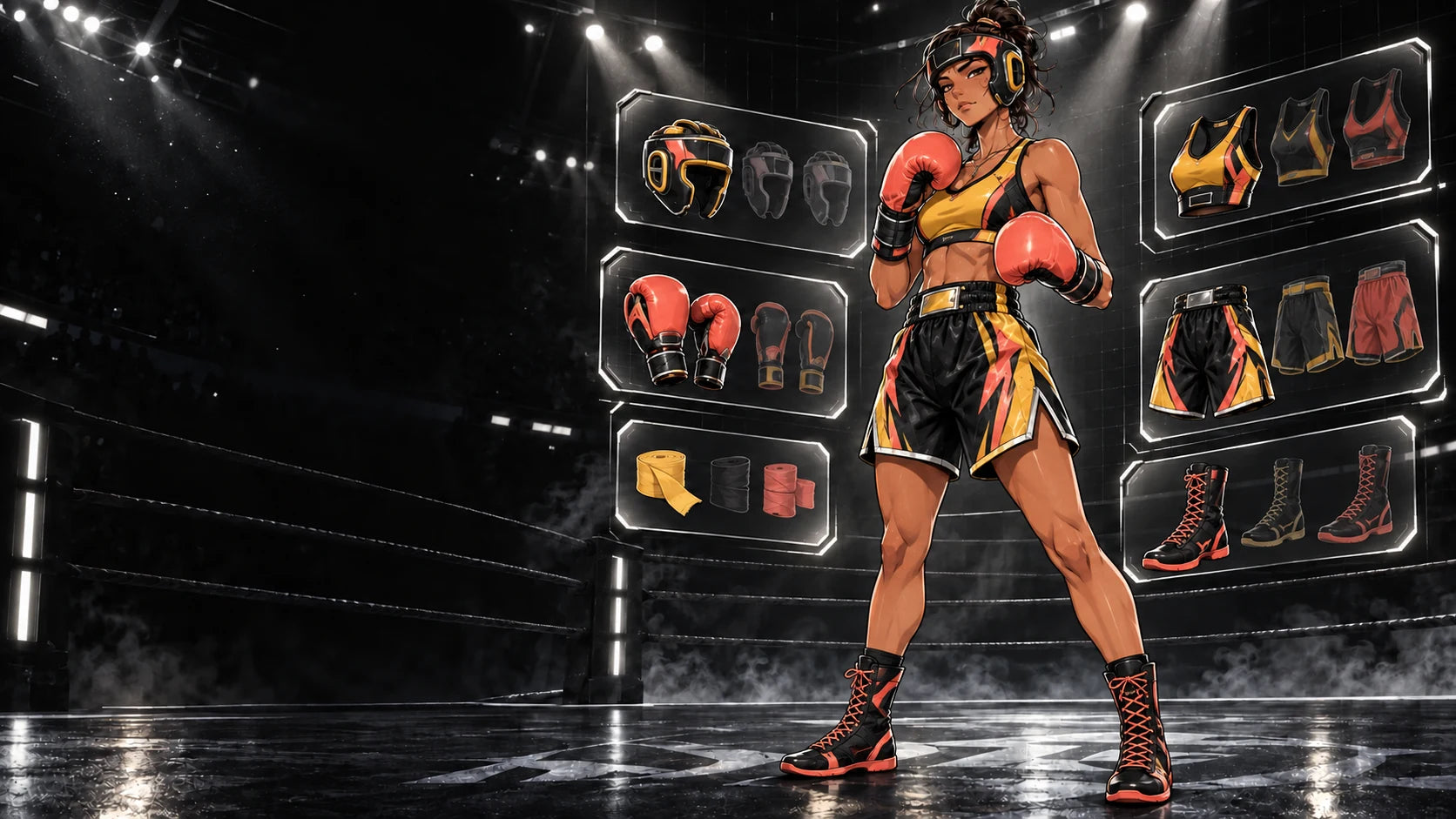 Ani wearing the Solar Riot L-Box loadout in the equipment arena