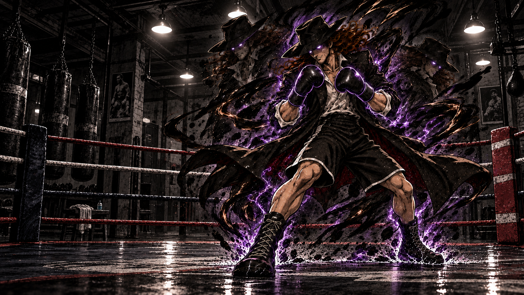 El alone in a boxing ring, ready to train with gloves, glowing violet eyes and shadow echoes