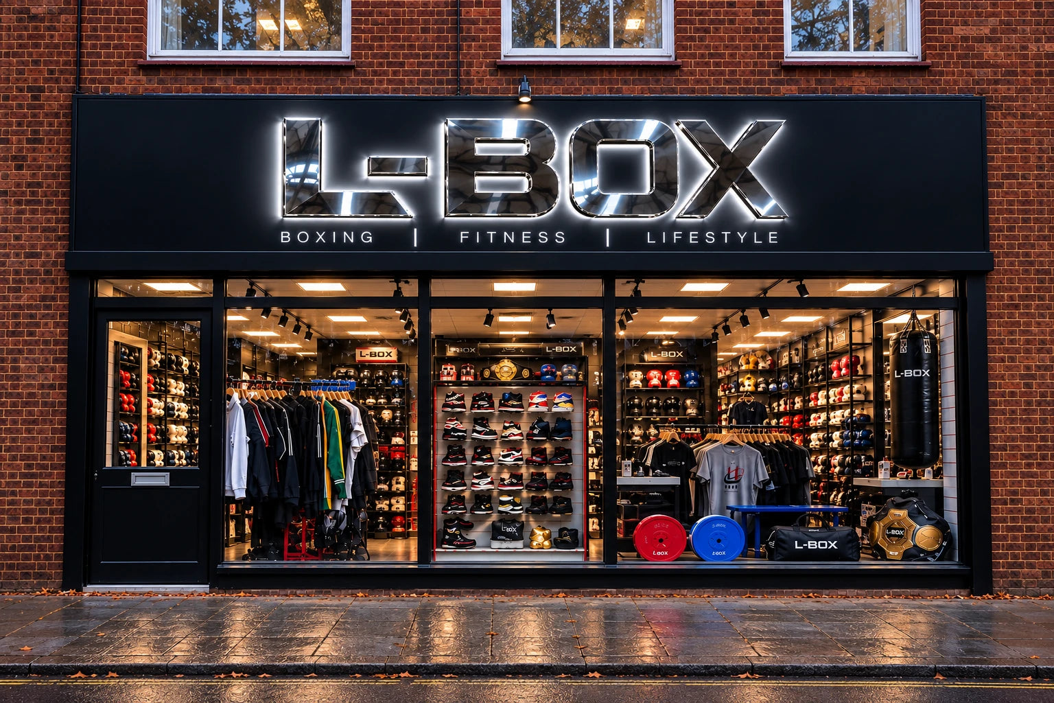 L-Box storefront concept with chrome sign and boxing equipment displays