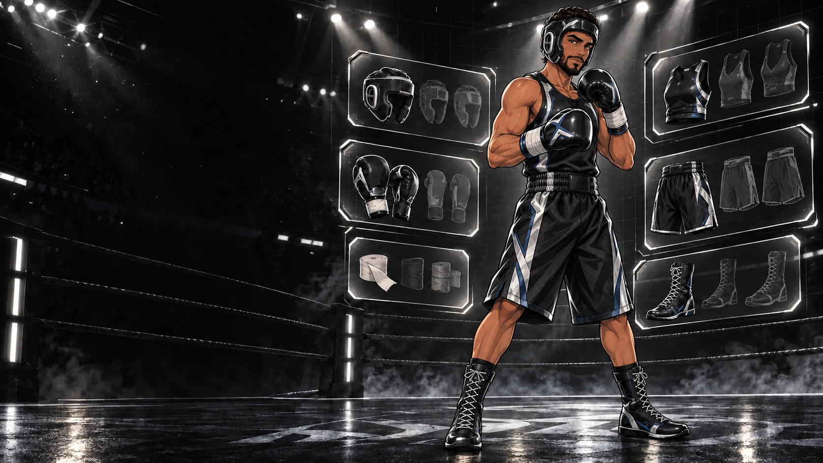 Amir wearing the Night Code L-Box loadout in the equipment arena
