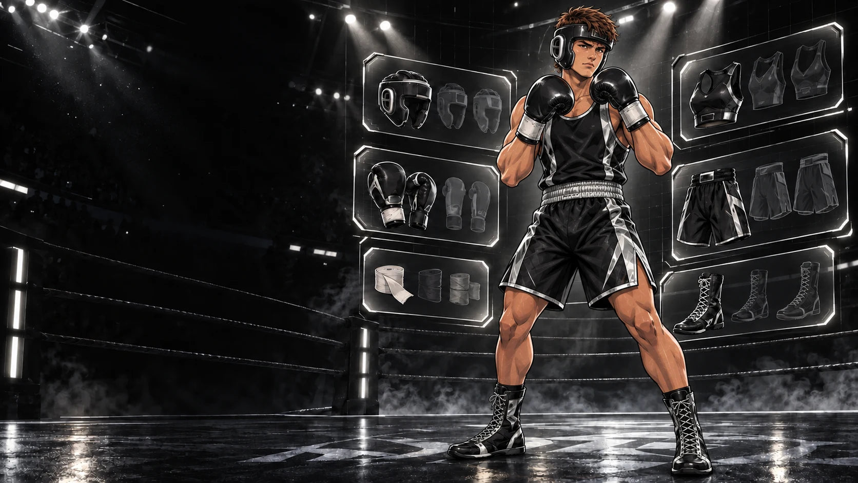Jayden wearing the Black Circuit L-Box loadout in the equipment arena