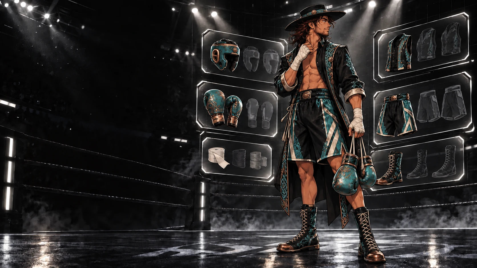 El wearing the Desert Chrome L-Box loadout in the equipment arena