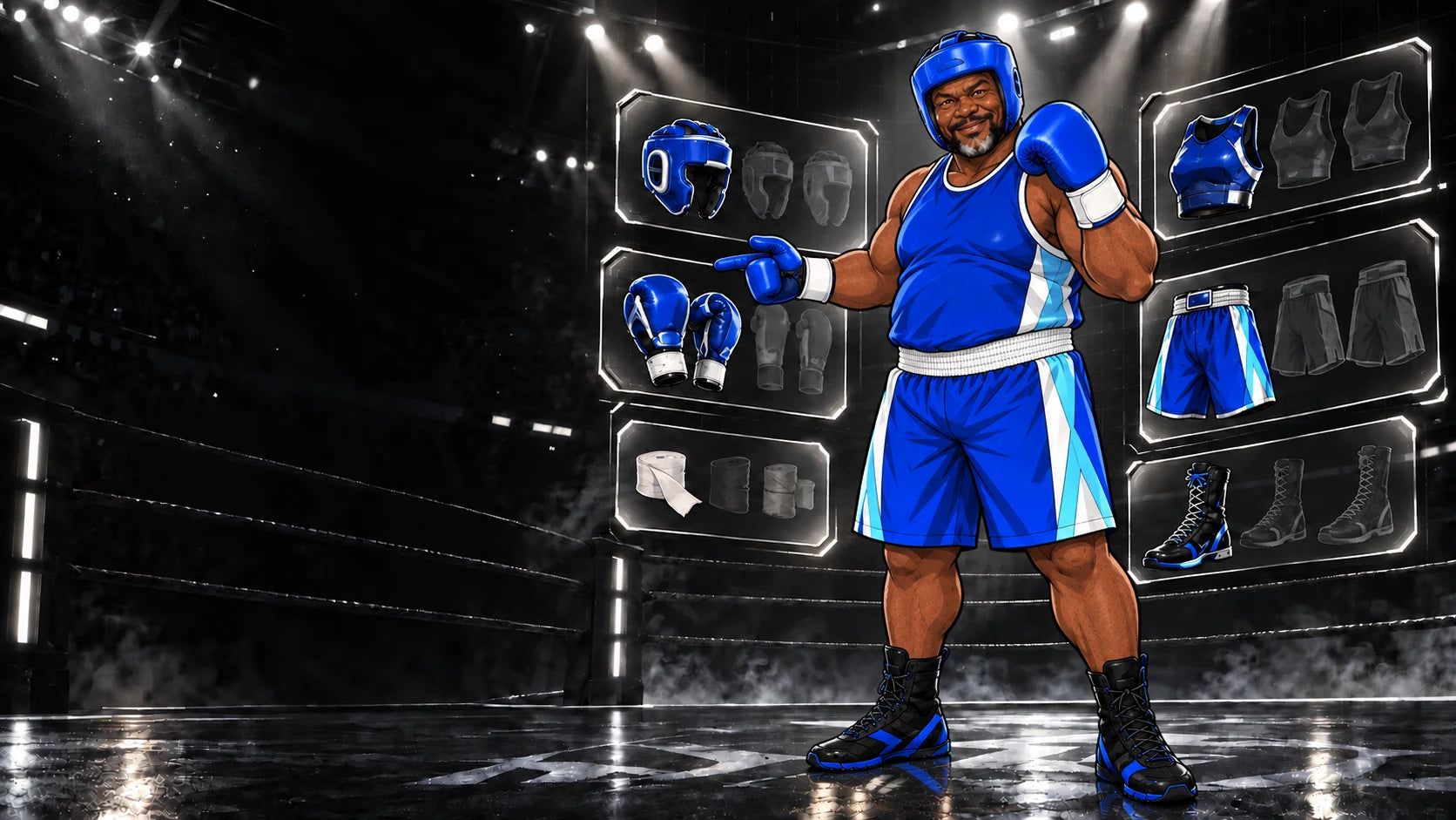 Terry wearing the Corner Blue L-Box loadout in the equipment arena