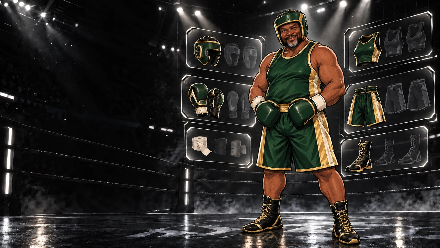 Terry wearing the Heritage Gold L-Box loadout in the equipment arena