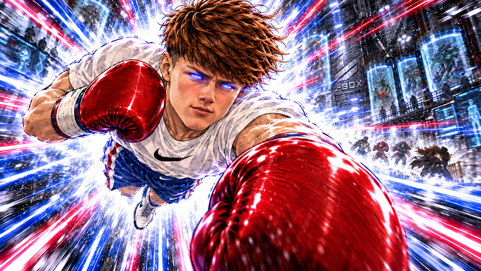 Illustrated Jayden Price boxing in the L-Box arena