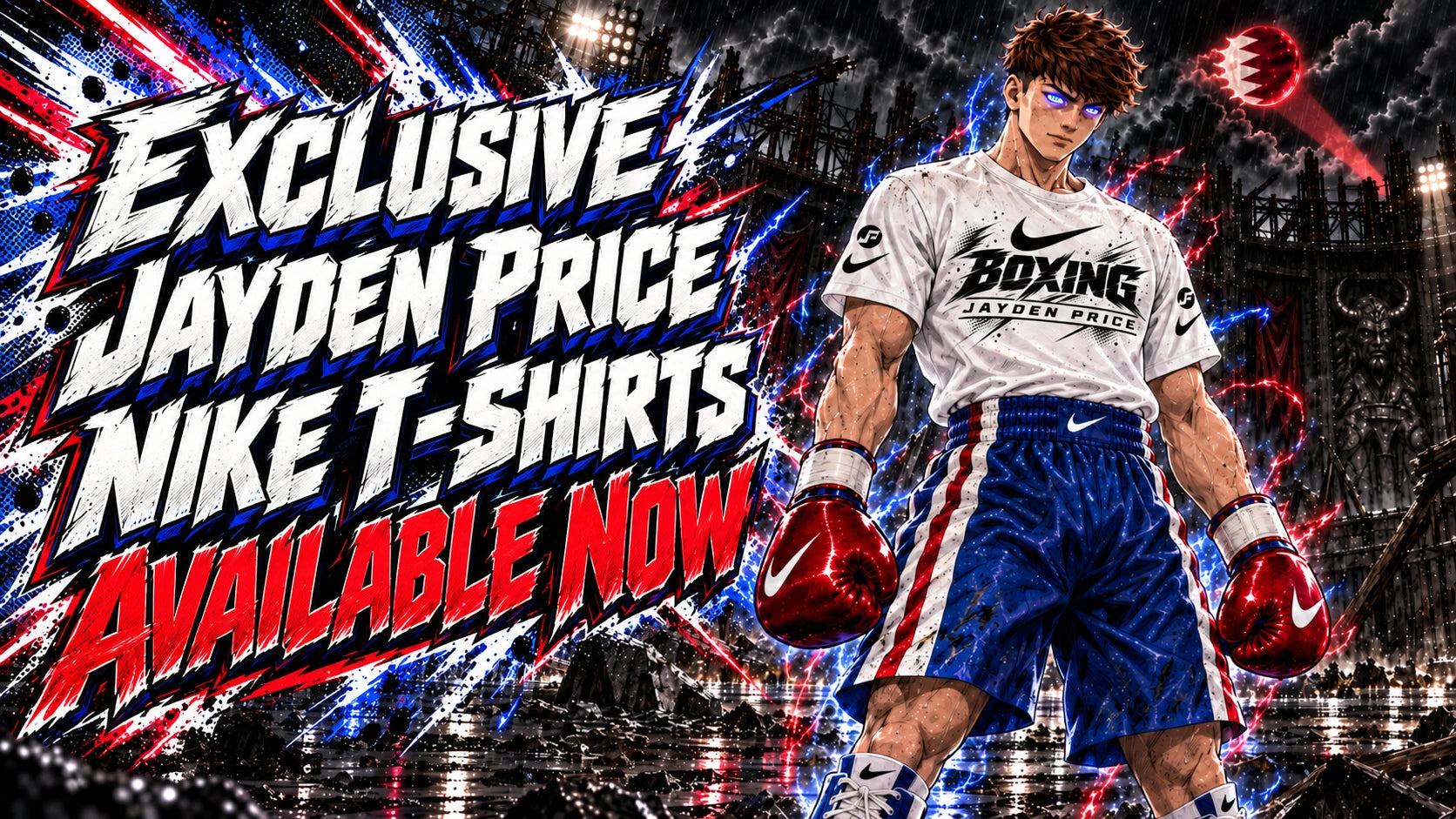 Exclusive Jayden Price Nike T-shirts available now, rendered as anime poster lettering beside Jayden in his L-Box arena