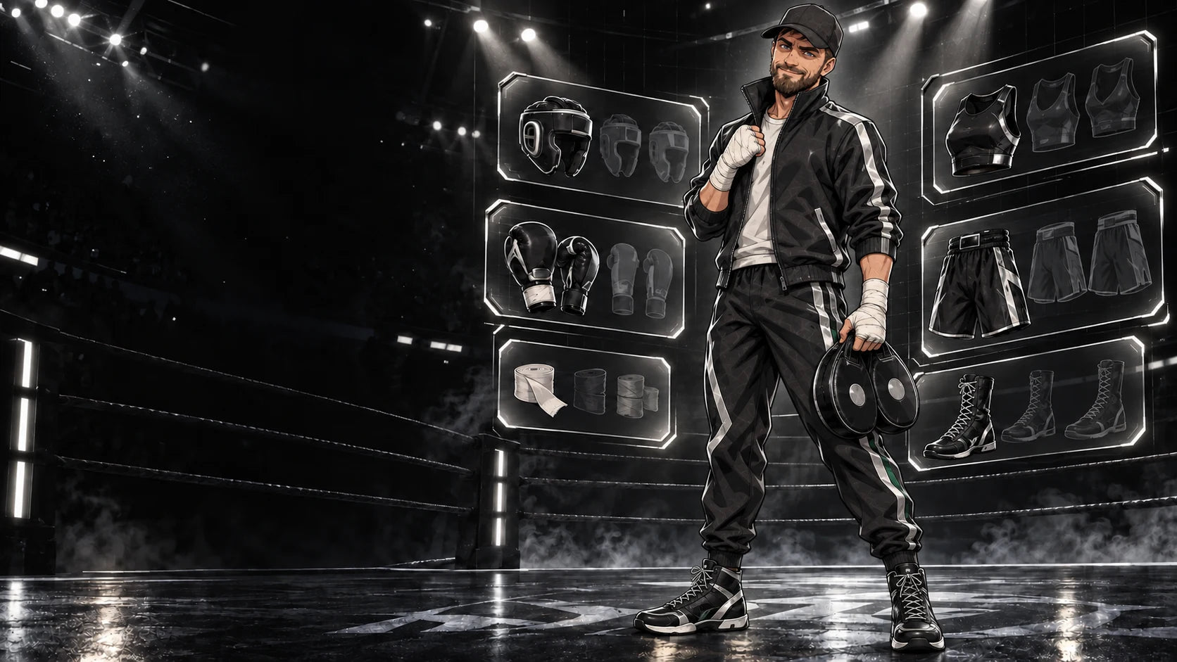 Bill wearing the Corner Black L-Box loadout in the equipment arena