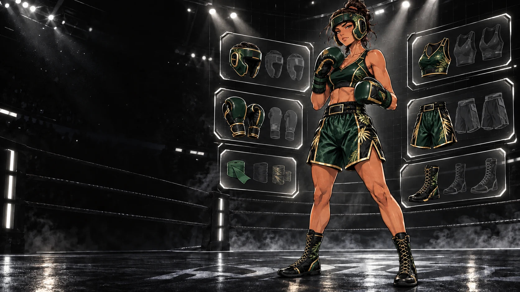 Ani wearing the Jungle Ani L-Box loadout in the equipment arena