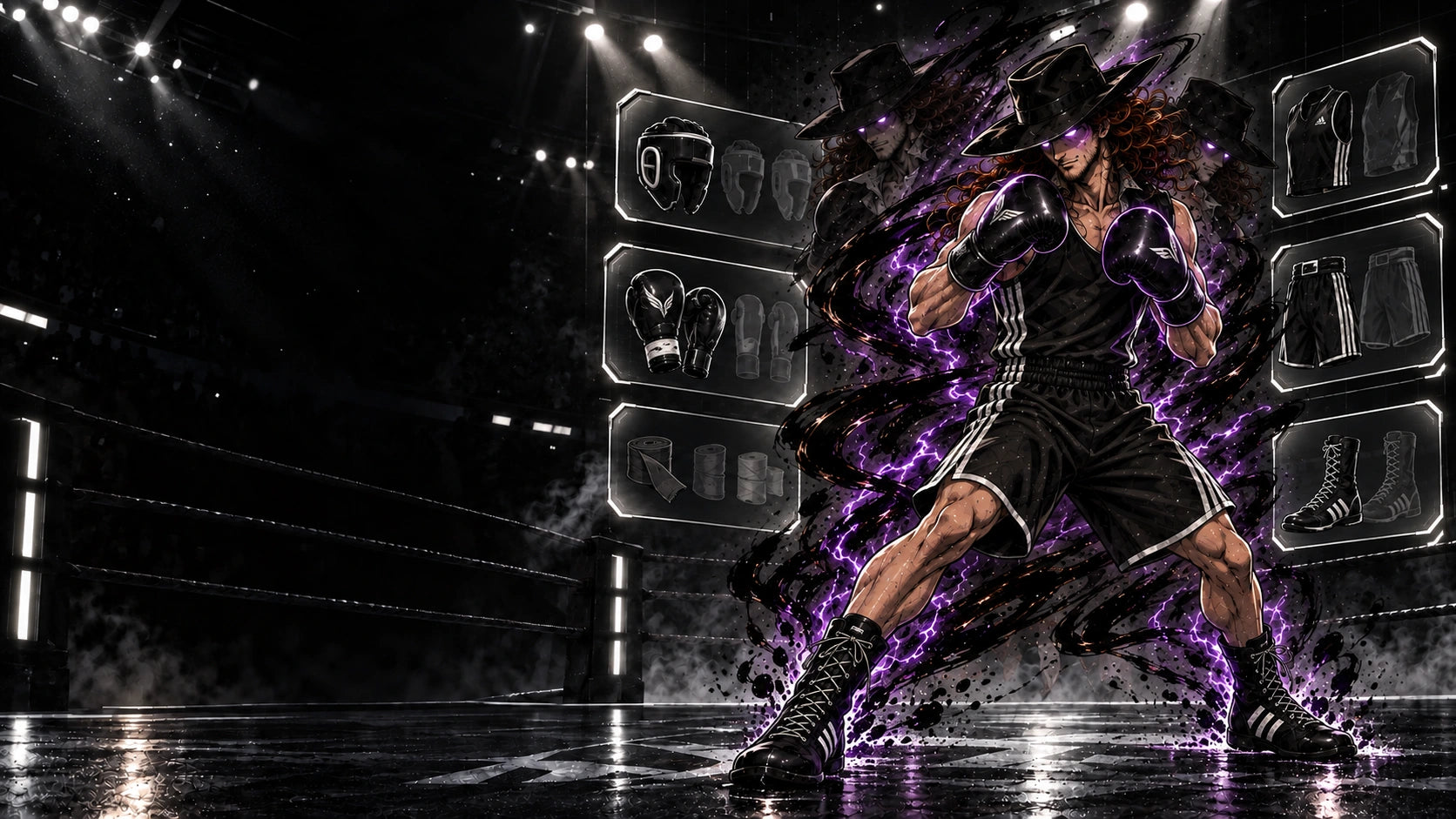 El in black boxing kit powers up with glowing violet eyes and swirling shadow energy