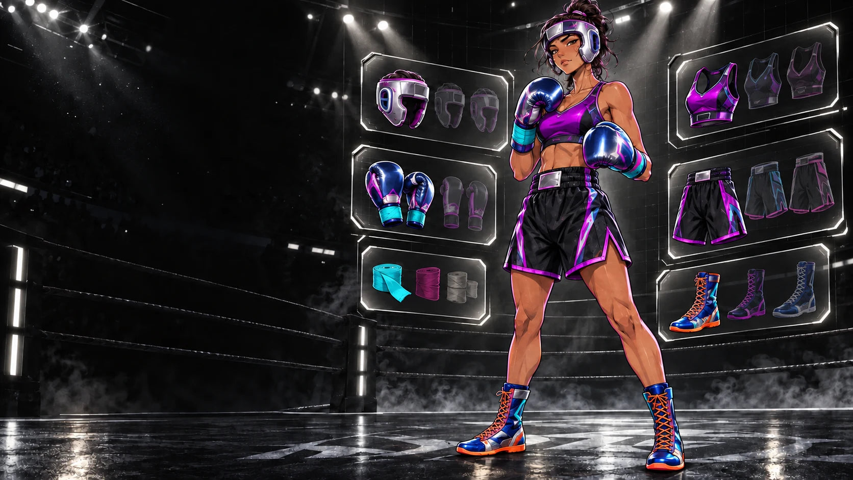 Ani wearing the Neon Orchid L-Box loadout in the equipment arena