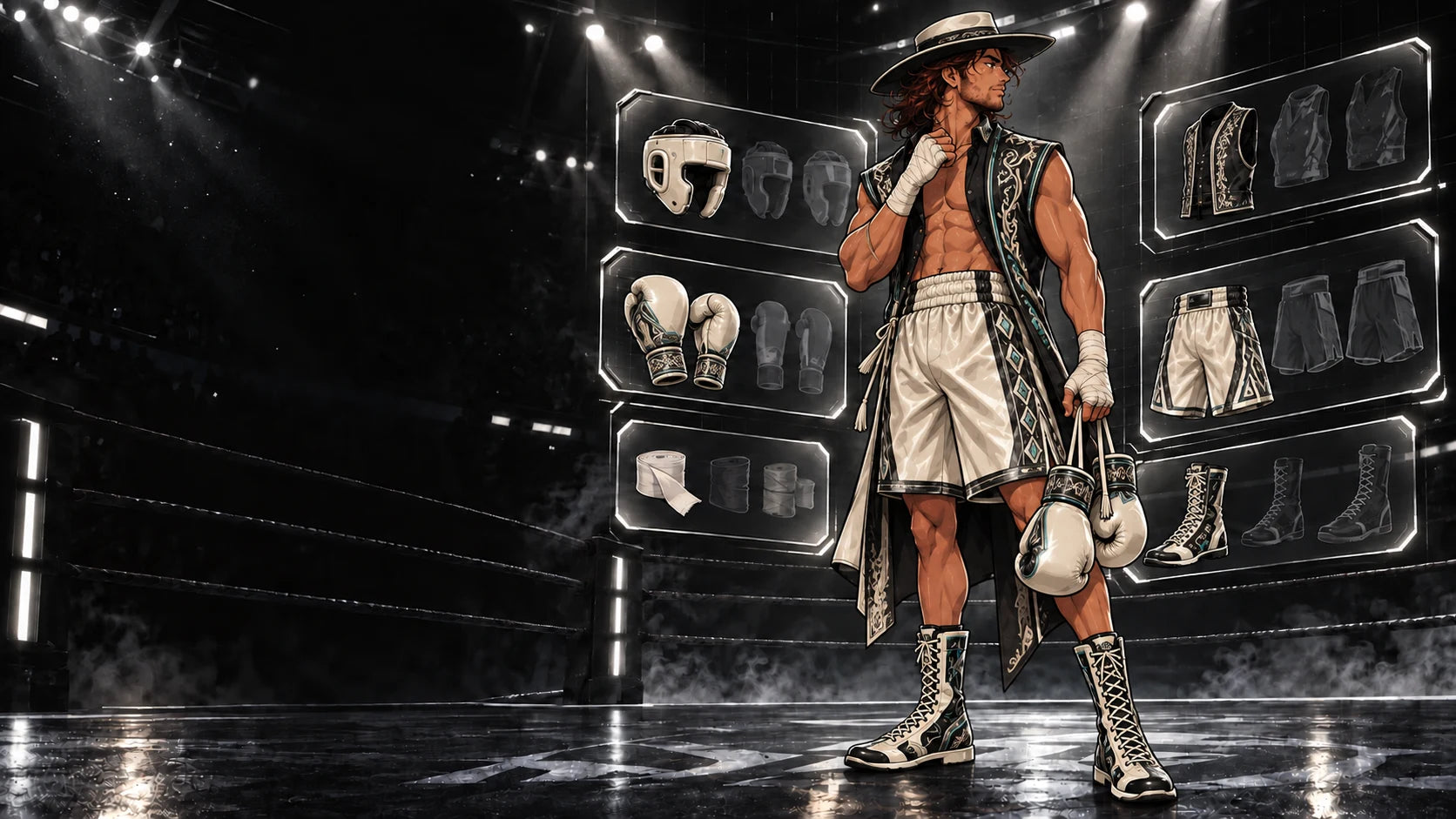 El wearing the Ivory Outlaw L-Box loadout in the equipment arena