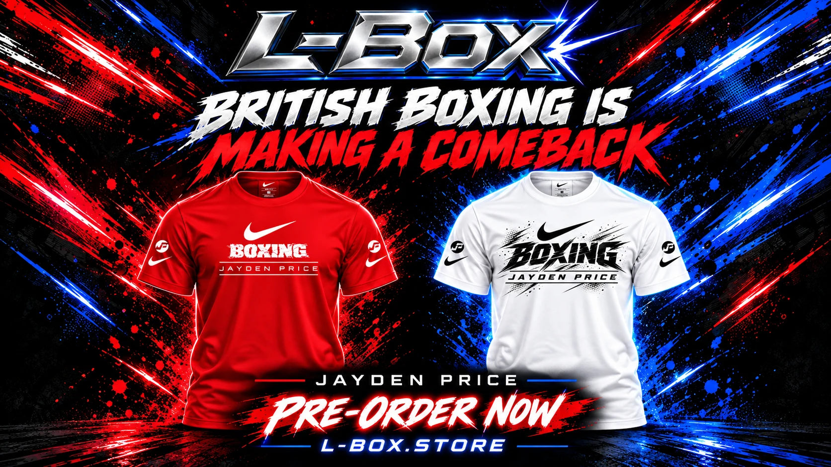 Two Jayden Price preorder shirts in a clean red and blue campaign layout